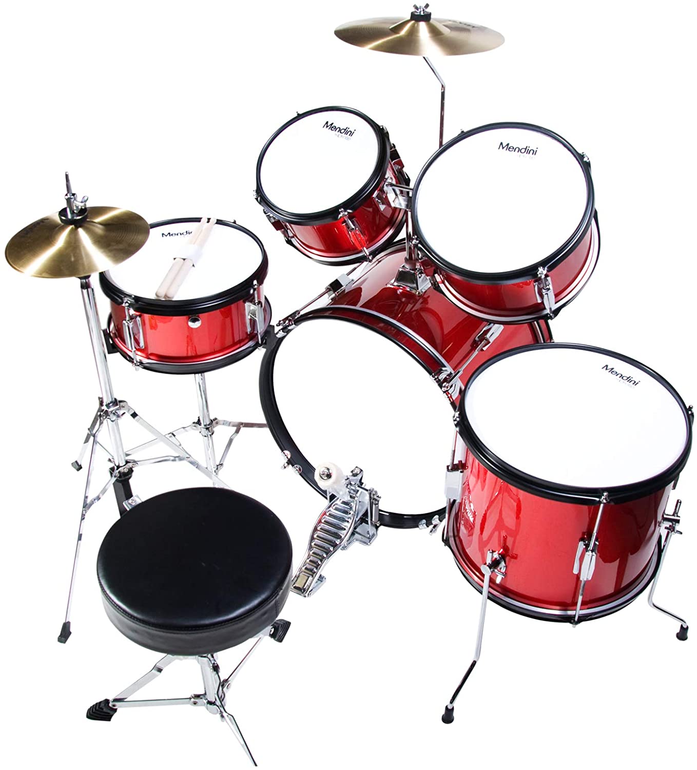 MJDS-5-BR Metallic Bright Red Cymbal Pedal & Drumsticks Mendini by Cecilio 16 inch 5-Piece Complete Kids / Junior Drum Set with Adjustable Throne 